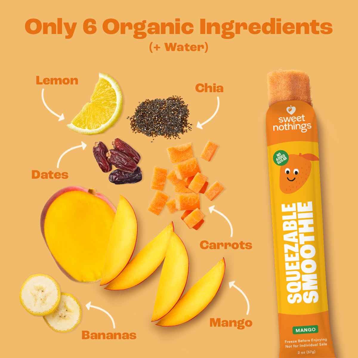 Sweet Nothings, Mango, USDA Organic Kids' Squeezable Super Fruit Smoothie Freezie Pops, Pack of 6 - Dye-Free, No Added Sugar, Dairy-Free, Vegan, Healthy Organic Fruit and Veggie Pops