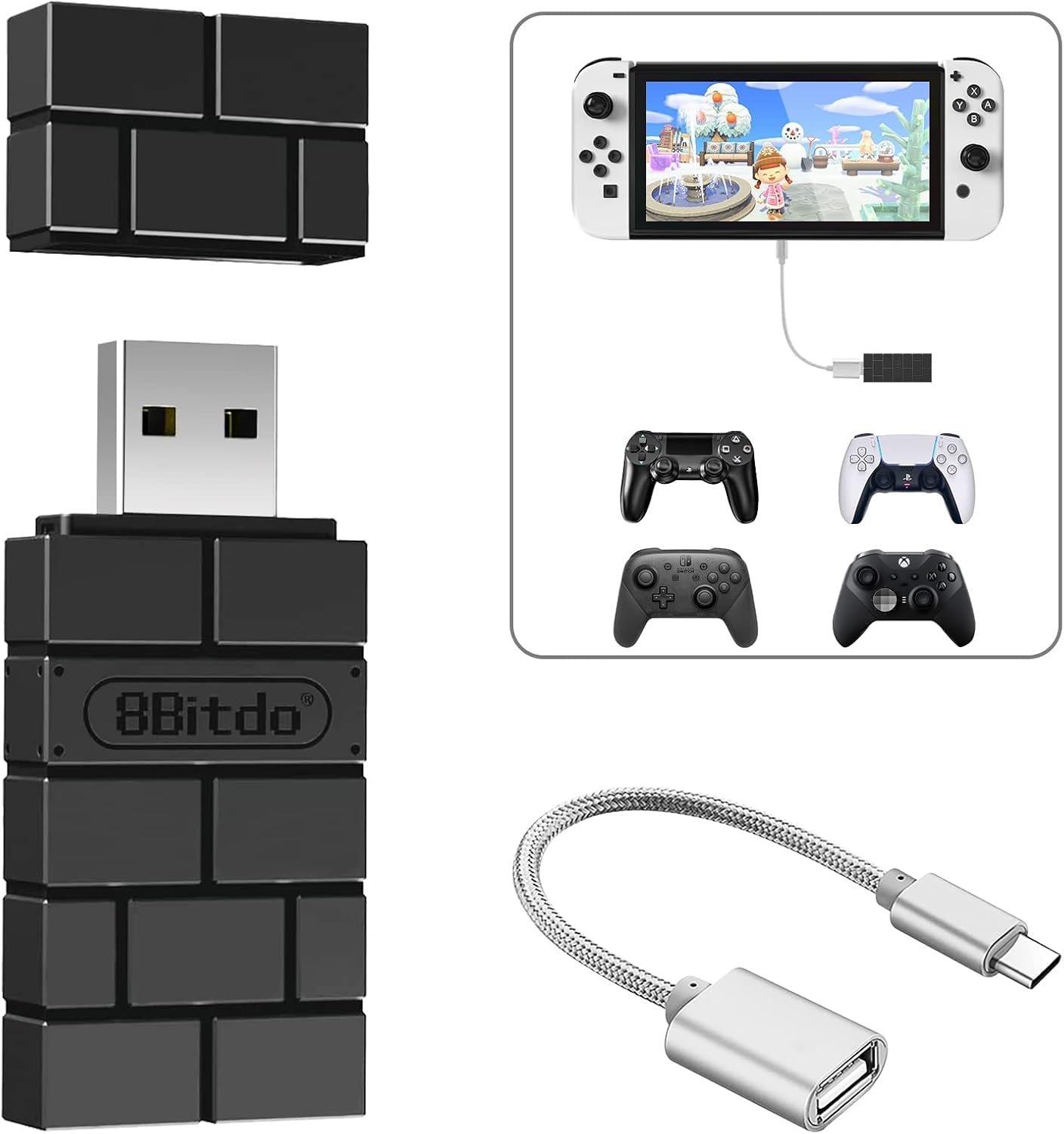 8BitDo USB Wireless Controller Adapter 2 Converter Dongle for Switch/Switch OLED,Steam Deck,Windows,Raspberry Pi, macOS, PS5/PS4/PS3 Controller,Xbox Series X/S,Xbox One Bluetooth Controller OTG Cable