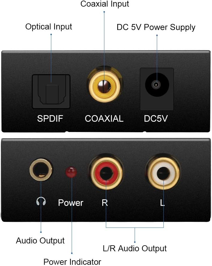 Audio Digital to Analog Converter DAC with 3.5mm Jack, Optical SPDIF Toslink Coaxial to Analog Stereo L/R Converter with Optical Cable and Power Adapter for PS3 PS4 Xbox Roku