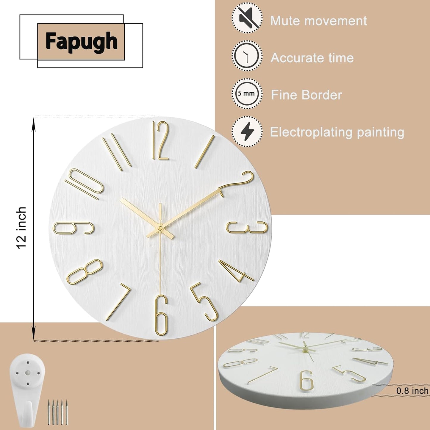 12 Inch Wall Clock Silent Non Ticking, Preciser Modern Style Decor Clock for Home, Office, School, Kitchen, Bedroom, Living Room (White)