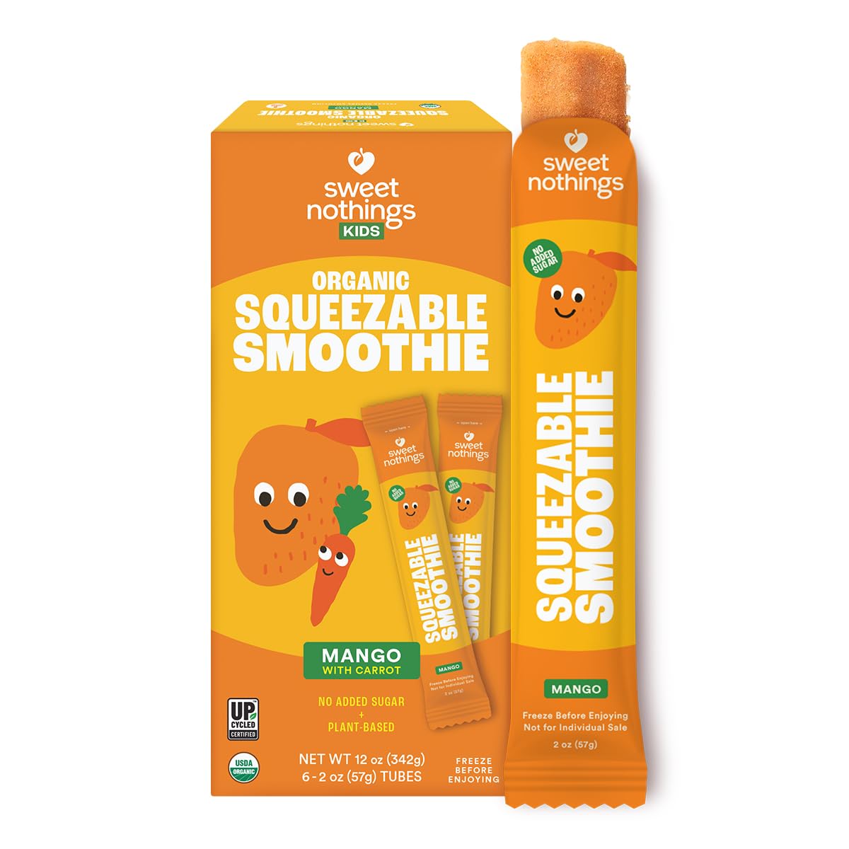 Sweet Nothings, Mango, USDA Organic Kids' Squeezable Super Fruit Smoothie Freezie Pops, Pack of 6 - Dye-Free, No Added Sugar, Dairy-Free, Vegan, Healthy Organic Fruit and Veggie Pops