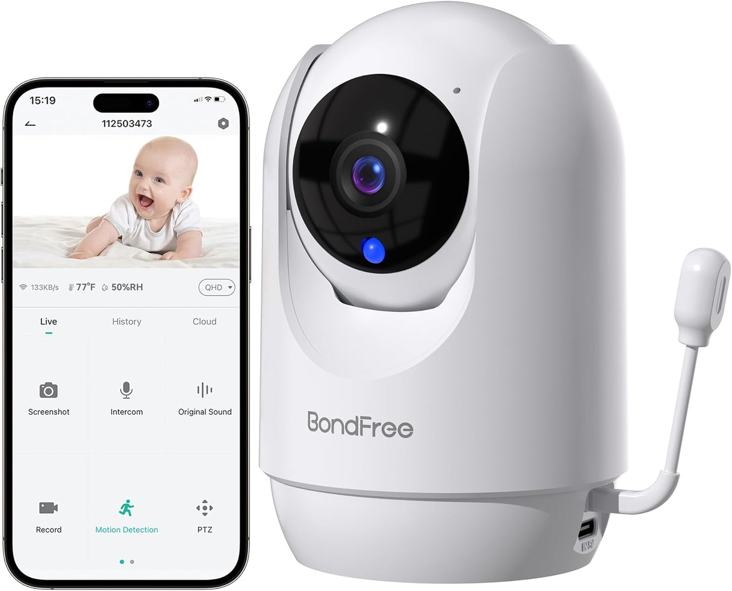 BondFree Baby Monitor with Camera and Audio, 2K Smart Baby Monitor with App, Temperature& Humidity, 2-Way Talk, 3MP Night Vision, 14 Lullabies,Cry & Motion Detection, 4X Zoom-5Ghz WiFi Baby Monitor