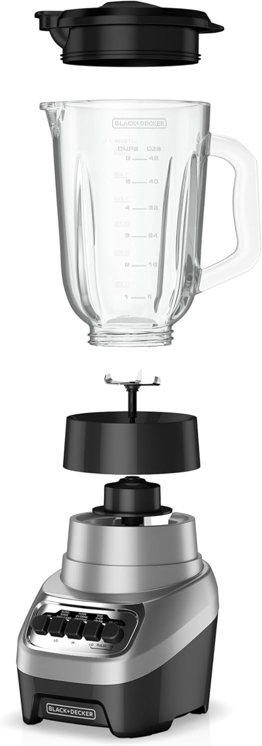 BLACK+DECKER PowerCrush Countertop Blender, 6-Cup Glass Jar, For Smoothies and More, Stainless Steel Blade, 4 Speed Settings to Puree, Crush Ice, Chop, Dice, and Pulse, Dishwasher Safe, 700W Motor