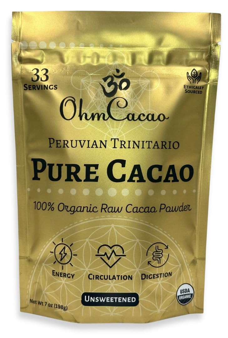 Ohm Pure Cacao Powder | Unsweetened Ceremonial Grade Cacao Powder | Natural Source of Magnesium & Iron | Organic Chocolate Baking Powder/Drink Mix (33 Servings)