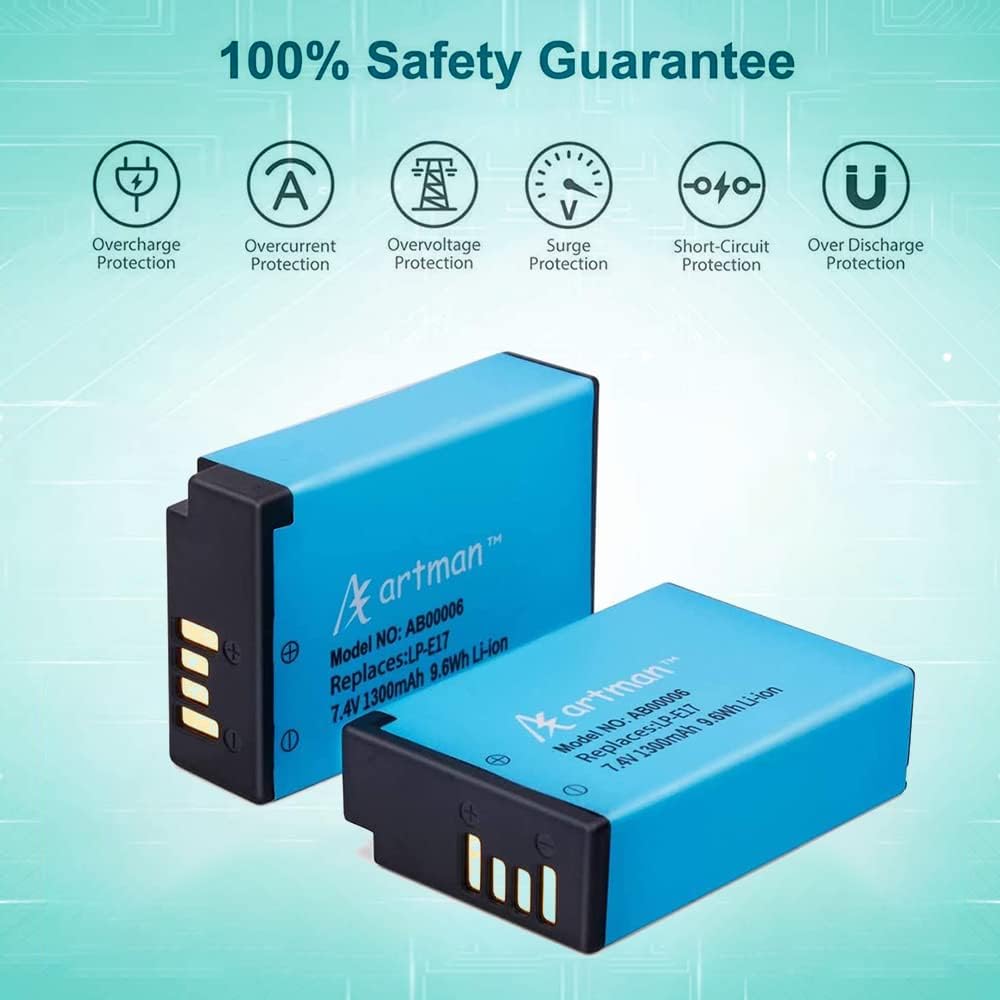 Artman 2-Pack LP-E17 Batteries and Rapid Dual USB Charger for Canon EOS R50 RP R10 R8,Rebel T8i, T7i, T6i, T6s, SL2, SL3, EOS M3, M5, M6, EOS 200D, 77D, 750D, 760D, 800D, 8000D, Digital SLR Camera