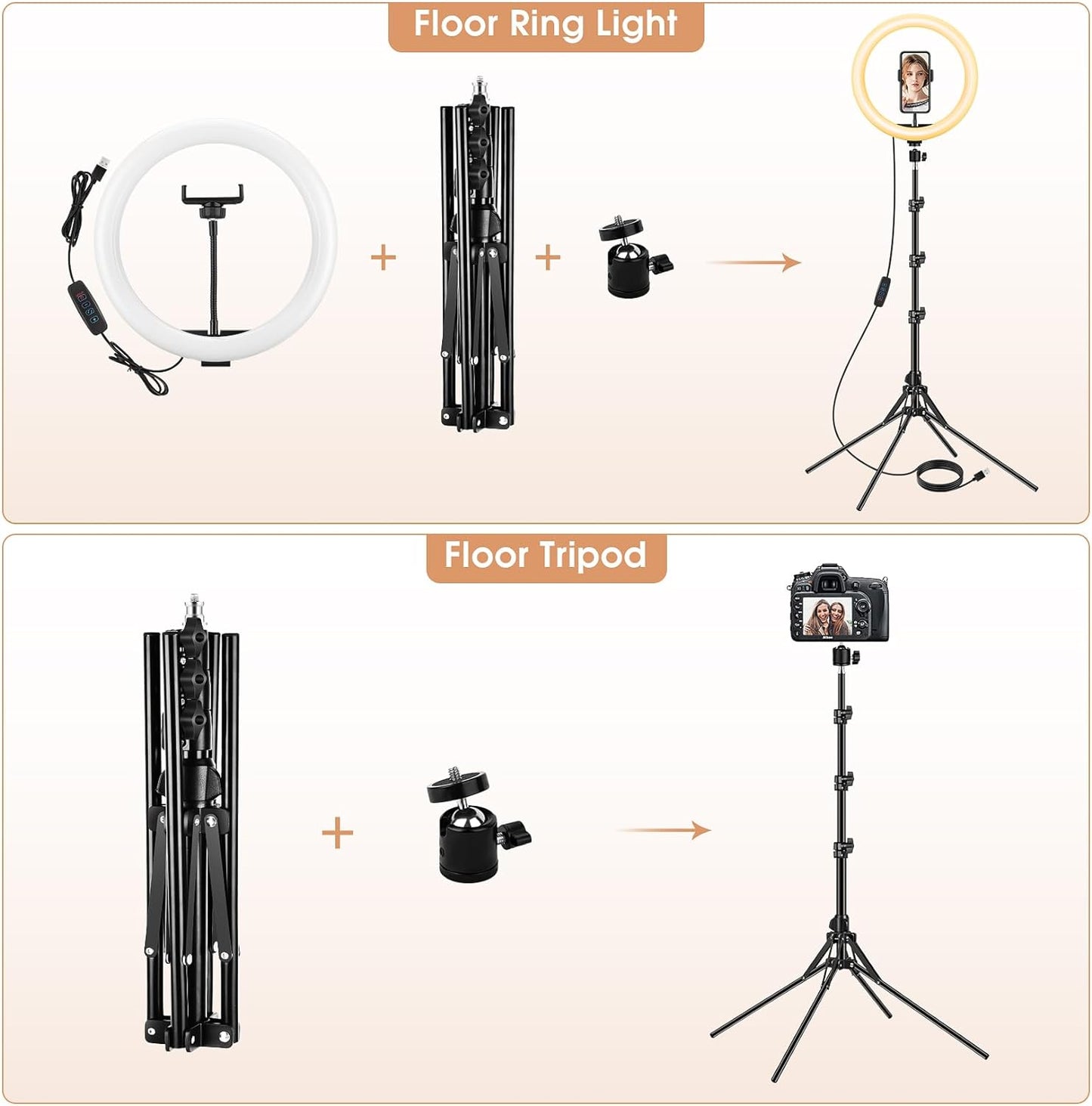13 inch Ring Light with Floor Stand(Ringlight Kit Totally 70.6" Tall), LED Circle Light with Phone Holder, for Photo Selfie, Video Recording, Zoom Meeting