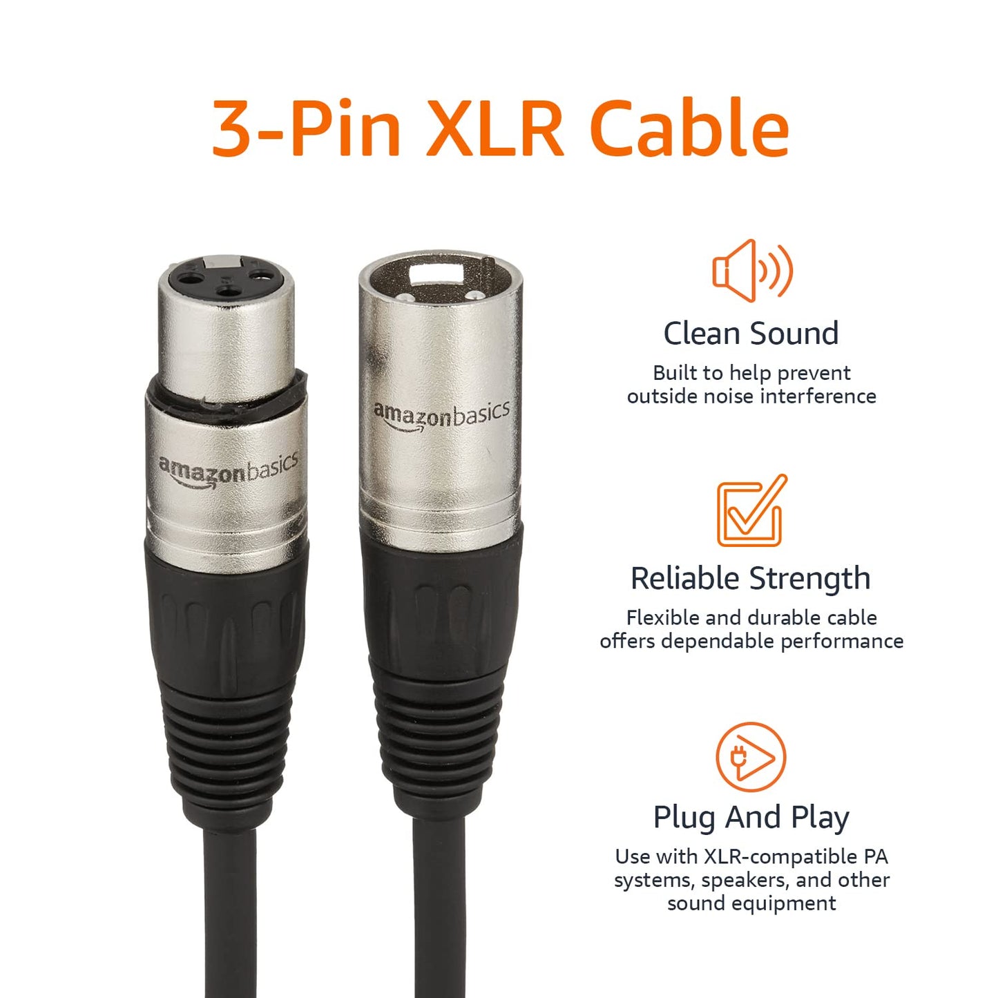 Amazon Basics XLR Microphone Cable for Recording Studio Speaker, PA System, All Copper Conductors, 10 ft, Black