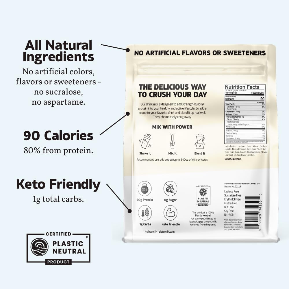 Slate Milk - High Protein Drink Mix Powder - Vanilla Cream, 34 Servings Bag - Lactose Free, 20g Protein, 0g Sugar, 90 Calories, 1g Carbs, No Added Sugar - Breakfast Boost - Post Workout - 1.87 lbs