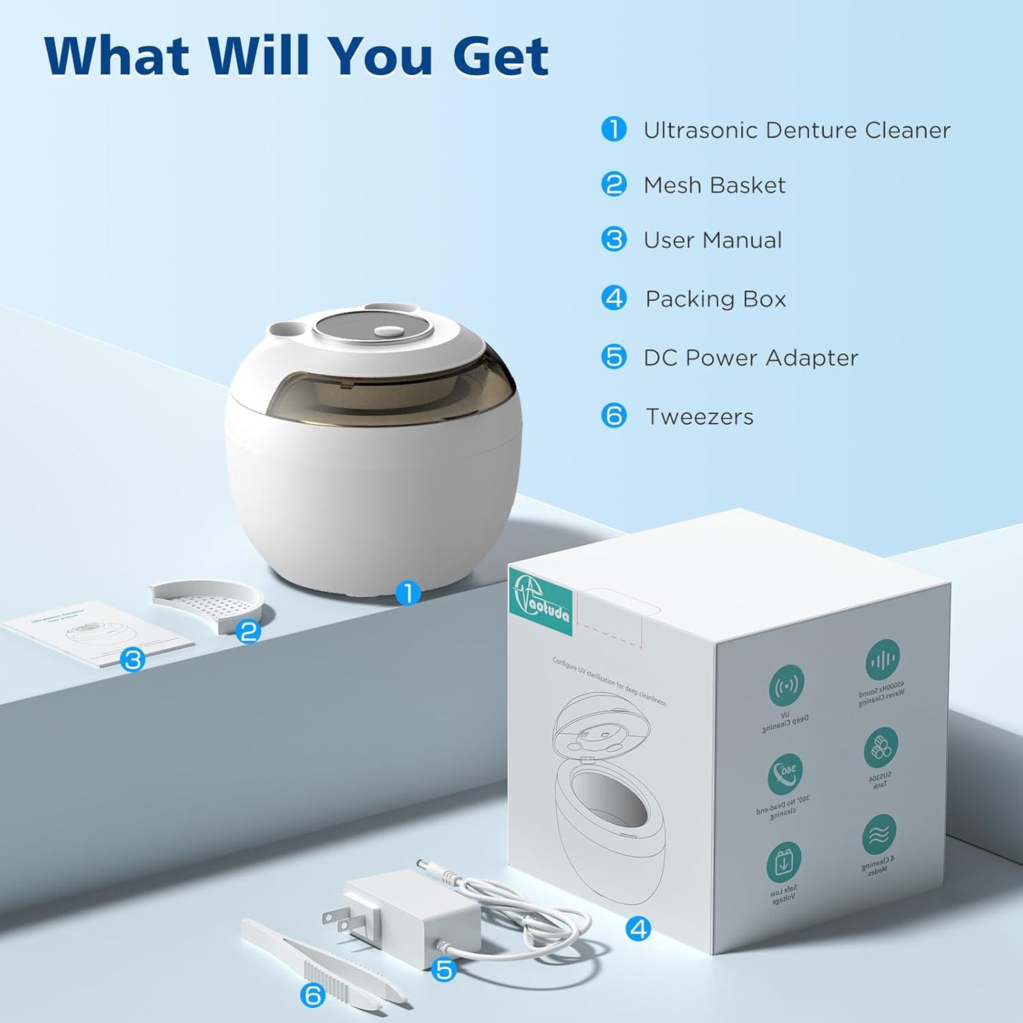 45kHz Ultrasonic Retainer Cleaner Machine, 200ML Denture Cleaner, 4 Modes with Digital Timer Mouth Guard Cleaner for Aligner, Night guard, Braces, Toothbrush, Jewelry(Bright White)