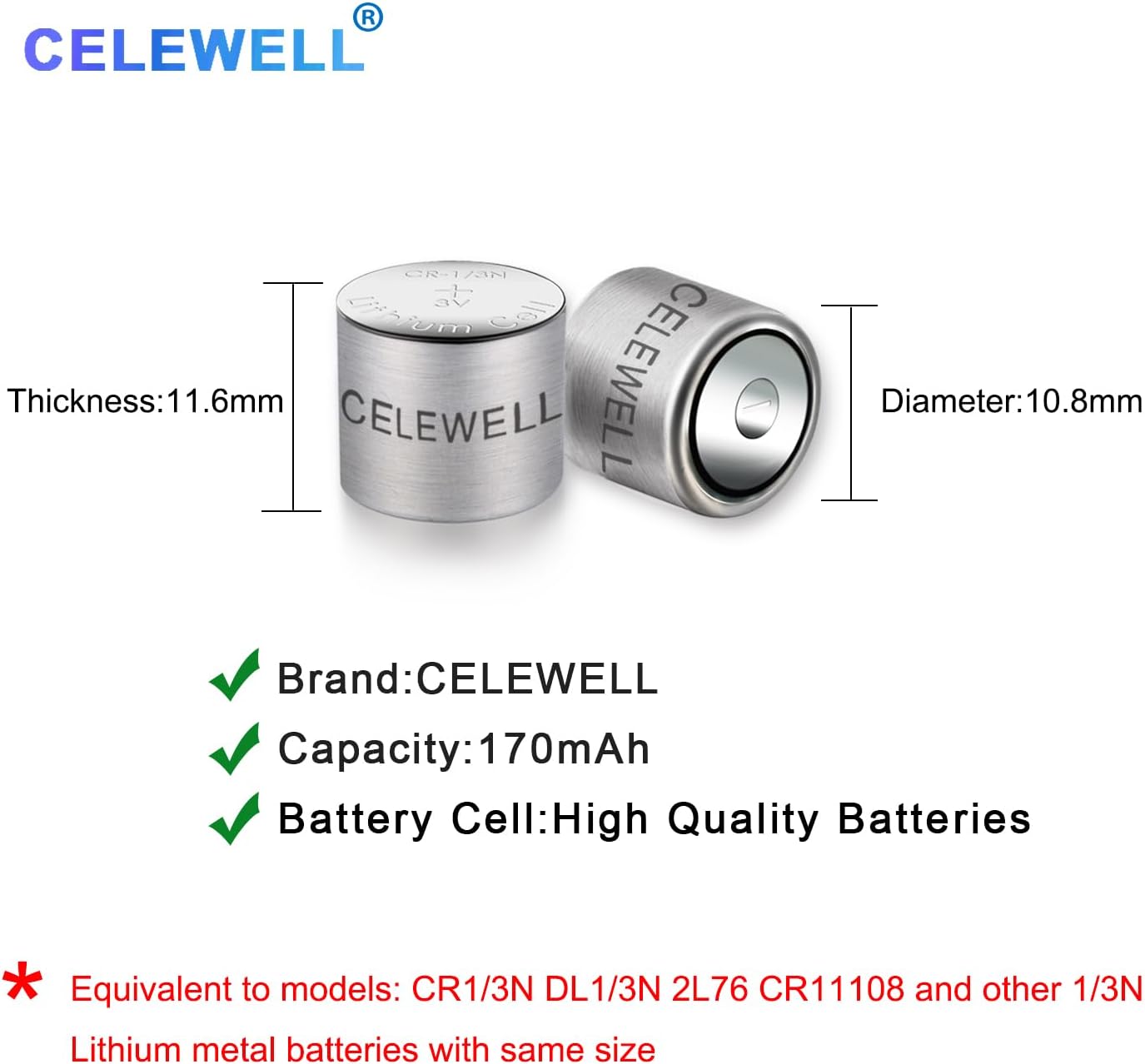 6 Pack DL1/3N CR1/3N 3V Lithium Battery 170mAh【7-Year Warranty】