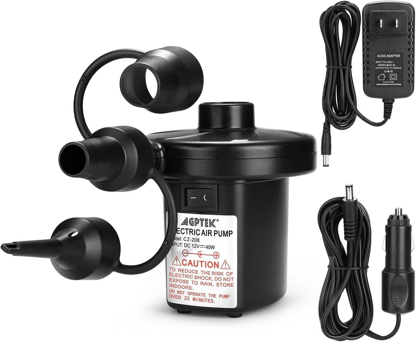 AGPTEK Electric Air Pump, Portable Quick-Fill Air Pump with 3 Nozzles, 4.5kPa, 110V AC/12V DC, Inflator/Deflator Pumps for Outdoor Camping, Inflatable Air Mattress Beds, Boats, Swimming Ring