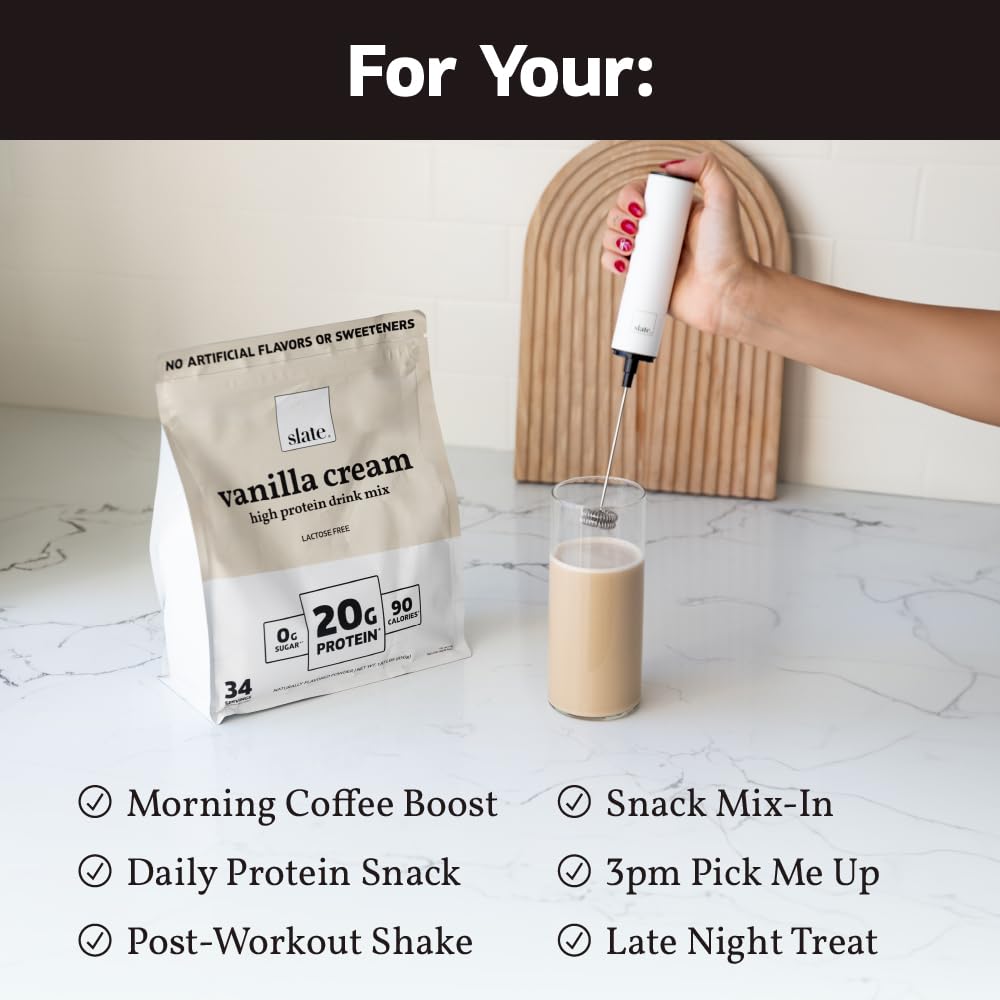 Slate Milk - High Protein Drink Mix Powder - Vanilla Cream, 34 Servings Bag - Lactose Free, 20g Protein, 0g Sugar, 90 Calories, 1g Carbs, No Added Sugar - Breakfast Boost - Post Workout - 1.87 lbs