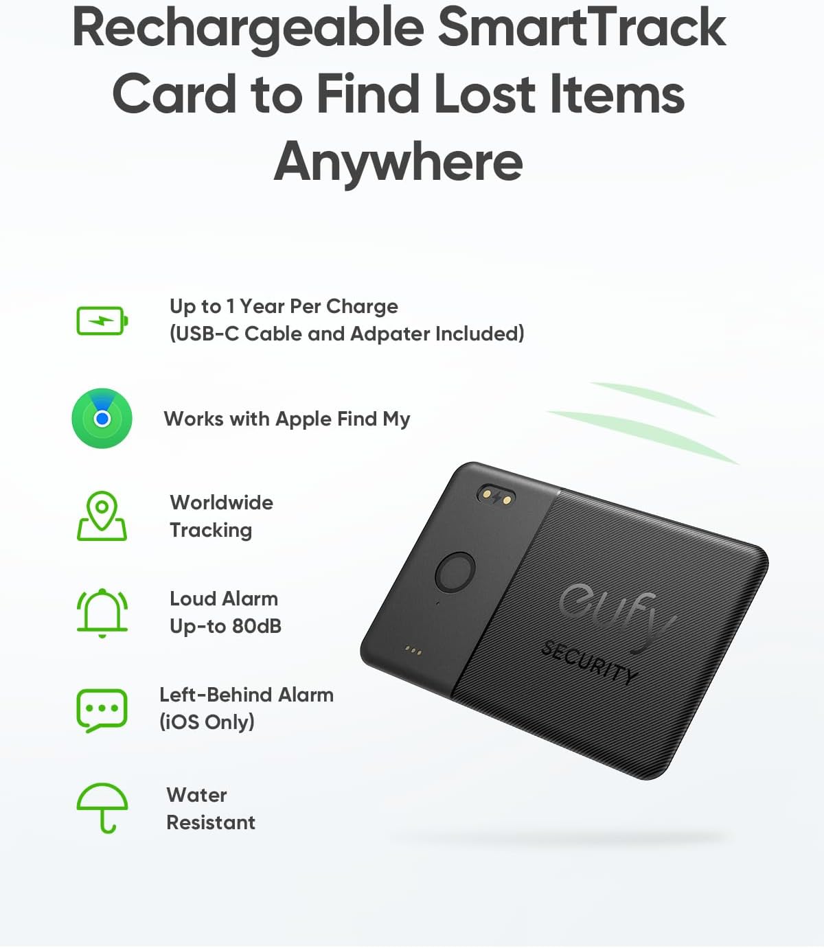 eufy SmartTrack Card E30 (Black, 1-Pack), Rechargeable, Works with Apple Find My (iOS Only), Bluetooth Tracker, Perfect for Wallet, Passport, and Laptop, Water Resistant. (Android not Supported)