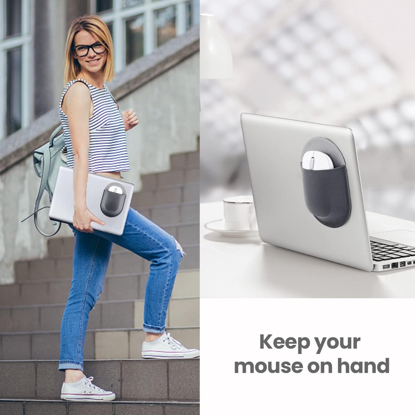 Epessa Universal Stick-On Mouse Pouch, Mouse Holder for Wireless Mouse, Mouse Sleeve for Laptop, Reusable Adhesive, No Glue Residue, Compatible with iPad or MacBook (Grey)