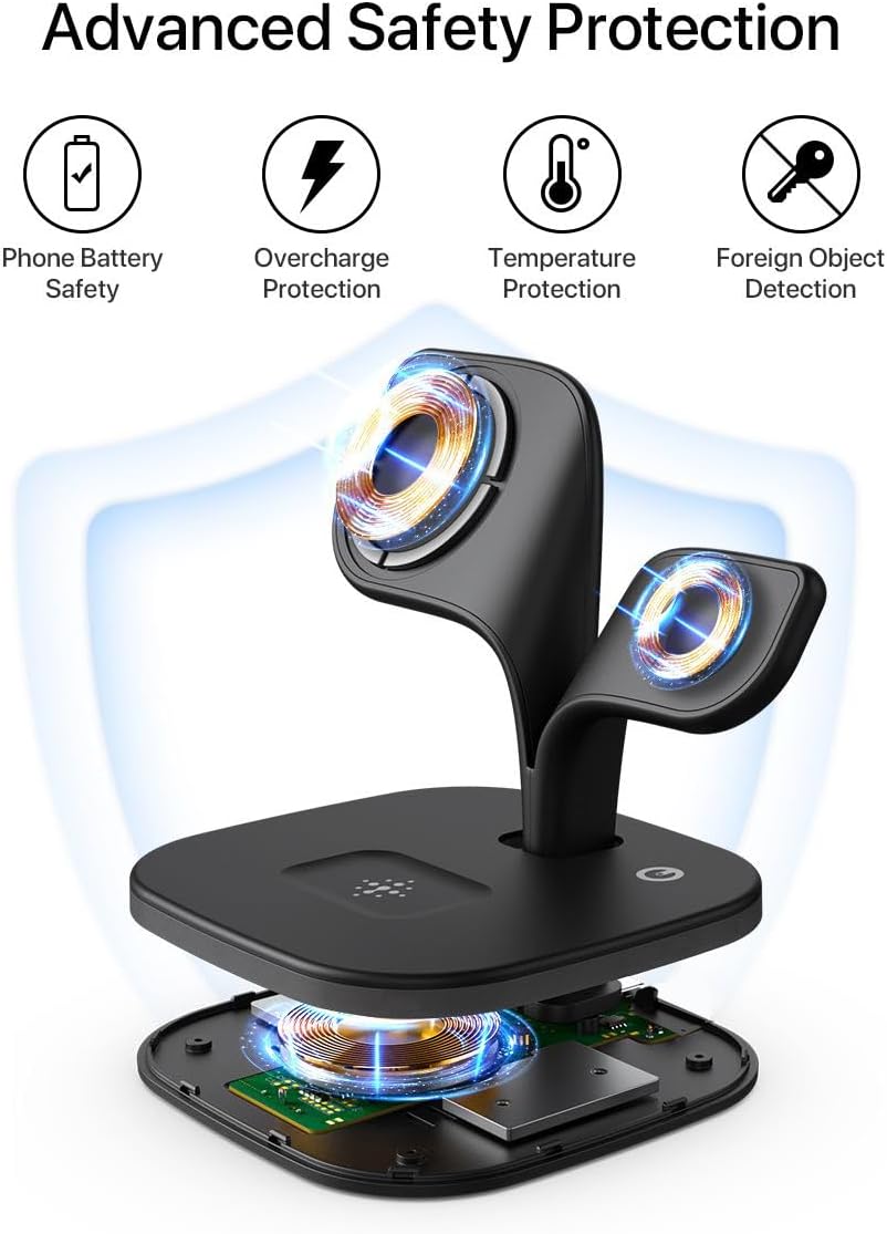 EXW Wireless Charging Station for Magsafe Charger,Charging Station for Multiple Devices,Wireless Charger for iPhone 16/15/14/13/12 Series,Apple Watch Series 1-9,AirPods with LED and Adapter (Black)