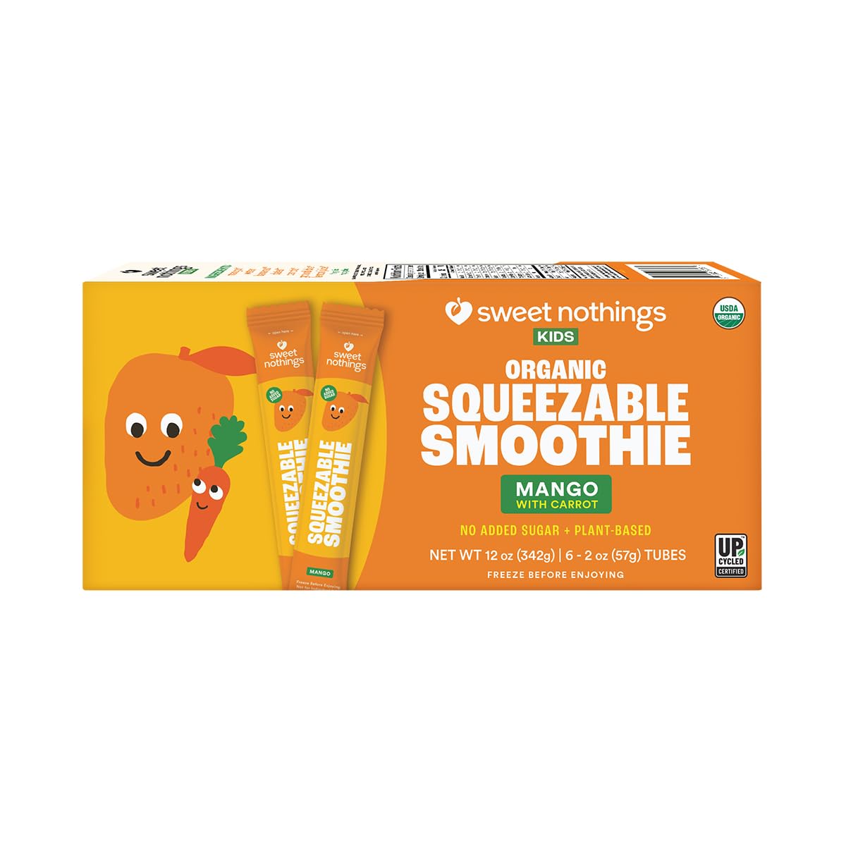 Sweet Nothings, Mango, USDA Organic Kids' Squeezable Super Fruit Smoothie Freezie Pops, Pack of 6 - Dye-Free, No Added Sugar, Dairy-Free, Vegan, Healthy Organic Fruit and Veggie Pops