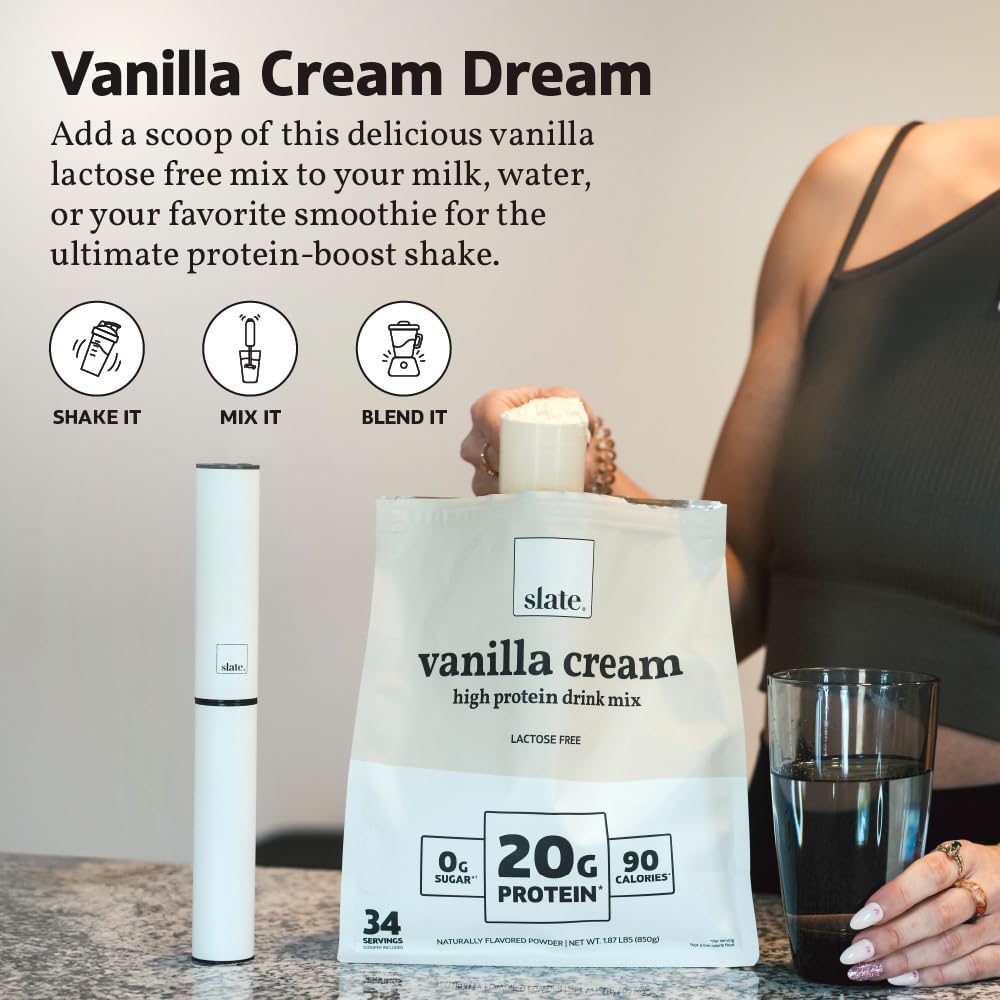 Slate Milk - High Protein Drink Mix Powder - Vanilla Cream, 34 Servings Bag - Lactose Free, 20g Protein, 0g Sugar, 90 Calories, 1g Carbs, No Added Sugar - Breakfast Boost - Post Workout - 1.87 lbs