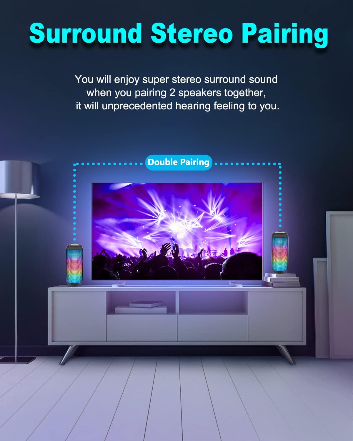 Bluetooth Speaker, Wireless Portable, HD Stereo Sound,with Cool Dynamic LED Lights, IPX4 Waterproof, BT5.3, Dual Surround Pairing, Him Her Man Teens Electronic Gadgets Gifts, for Outdoor Camping Party