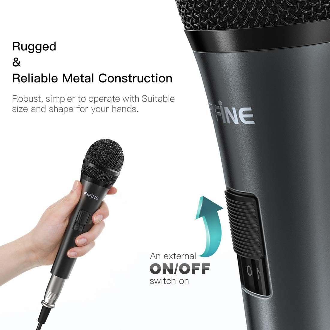 Fifine Karaoke Microphone, Dynamic Vocal Microphone for Speaker, 6.35MM Wired Handheld Mic with On and Off Switch and14.8ft Detachable Cable-K6