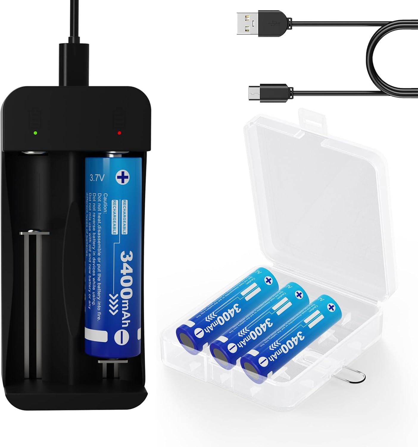 18650 Rechargeable Battery Charger Set, 3.7V Button Top Lithium ion Rechargeable Battery for Flashlight Headlamp (4Batteries+ Rechargeable Charger Set)
