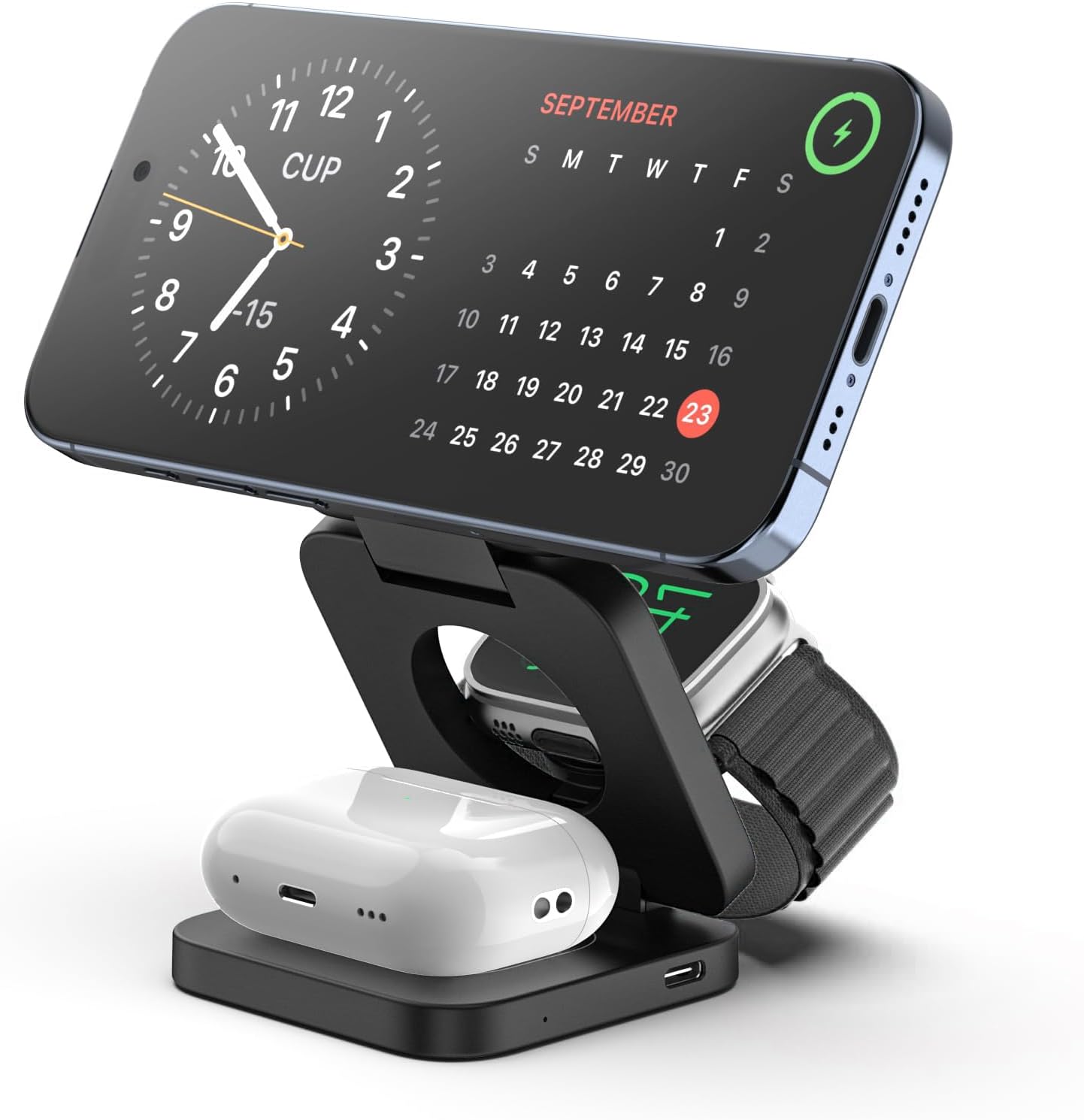 Fast Wireless Charger, Magnetic Foldable 3 in 1 Charging Station for iPhone 16/15/14/13/12/Pro/Plus/Pro Max, 5W Portable Charger for Apple Watch9/8/7/6/5/4/3/SE, for Airpods3/2/Pro-Black