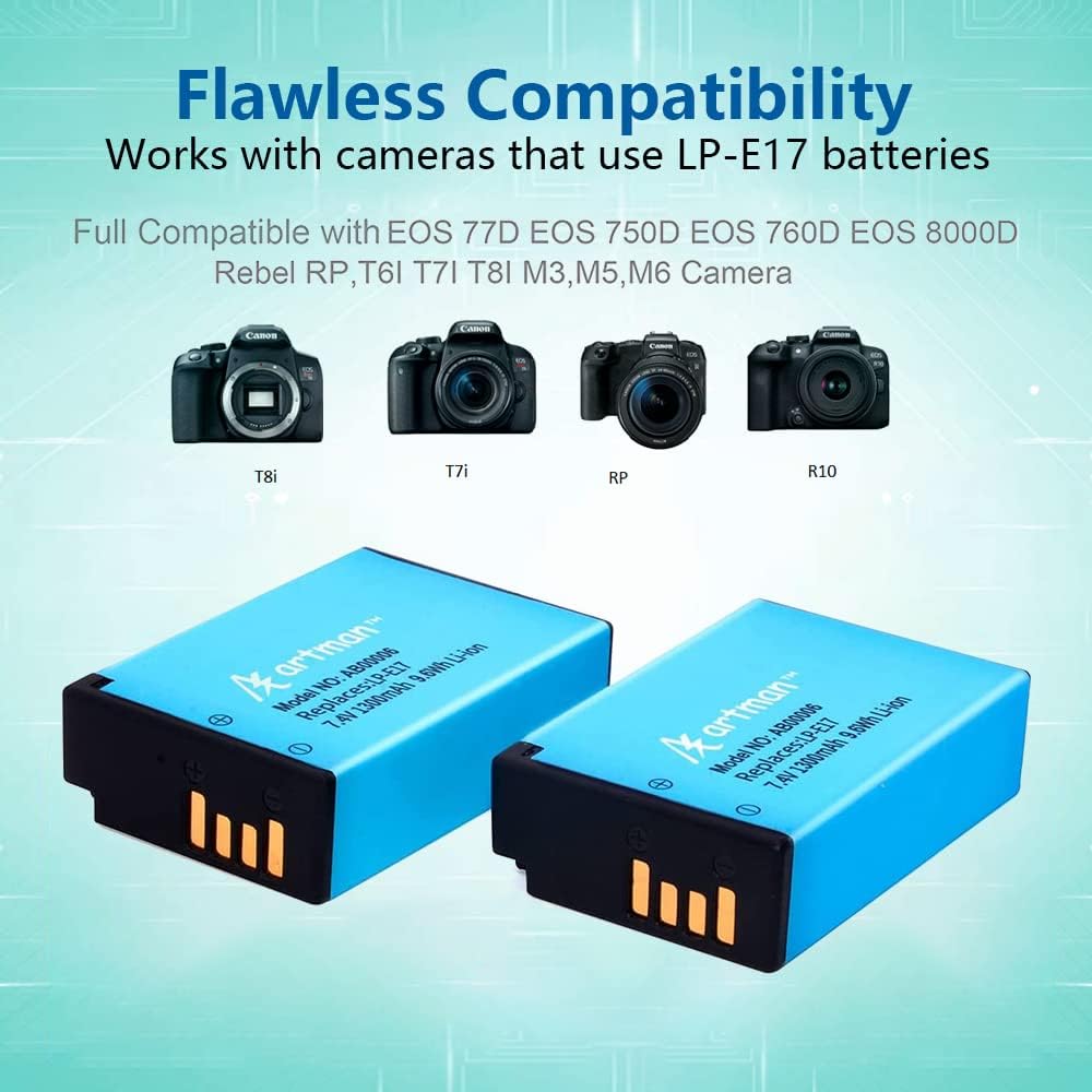 Artman 2-Pack LP-E17 Batteries and Rapid Dual USB Charger for Canon EOS R50 RP R10 R8,Rebel T8i, T7i, T6i, T6s, SL2, SL3, EOS M3, M5, M6, EOS 200D, 77D, 750D, 760D, 800D, 8000D, Digital SLR Camera