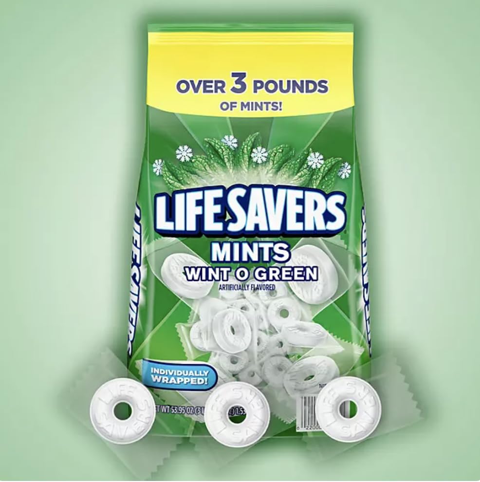 Lifesavers Wint O Green Individually Wrapped Mints - Bulk 3.5lbs w/CC's Sweets & Snacks Bag Clip