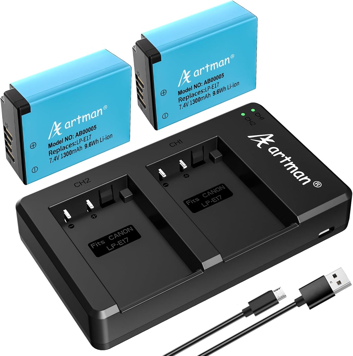 Artman 2-Pack LP-E17 Batteries and Rapid Dual USB Charger for Canon EOS R50 RP R10 R8,Rebel T8i, T7i, T6i, T6s, SL2, SL3, EOS M3, M5, M6, EOS 200D, 77D, 750D, 760D, 800D, 8000D, Digital SLR Camera