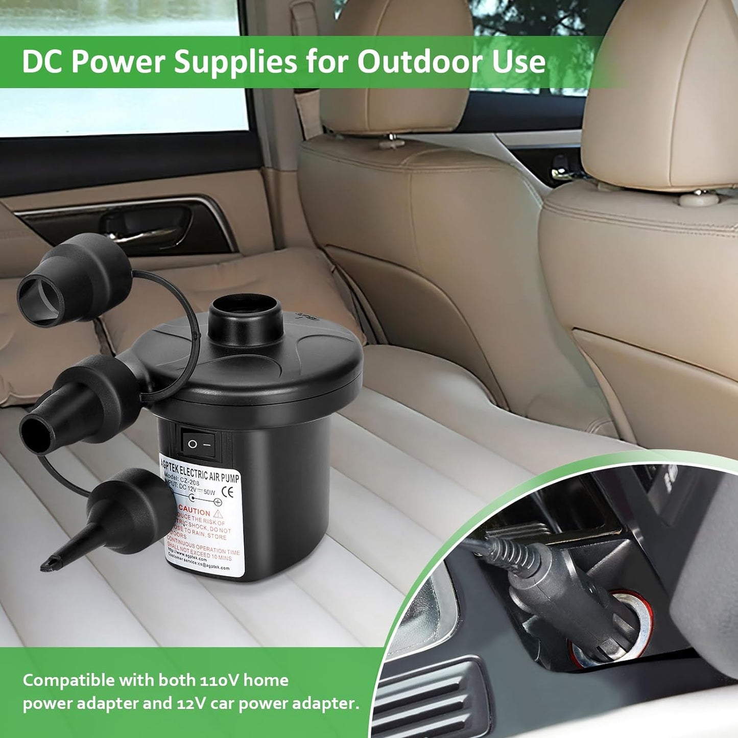 AGPTEK Electric Air Pump, Portable Quick-Fill Air Pump with 3 Nozzles, 4.5kPa, 110V AC/12V DC, Inflator/Deflator Pumps for Outdoor Camping, Inflatable Air Mattress Beds, Boats, Swimming Ring