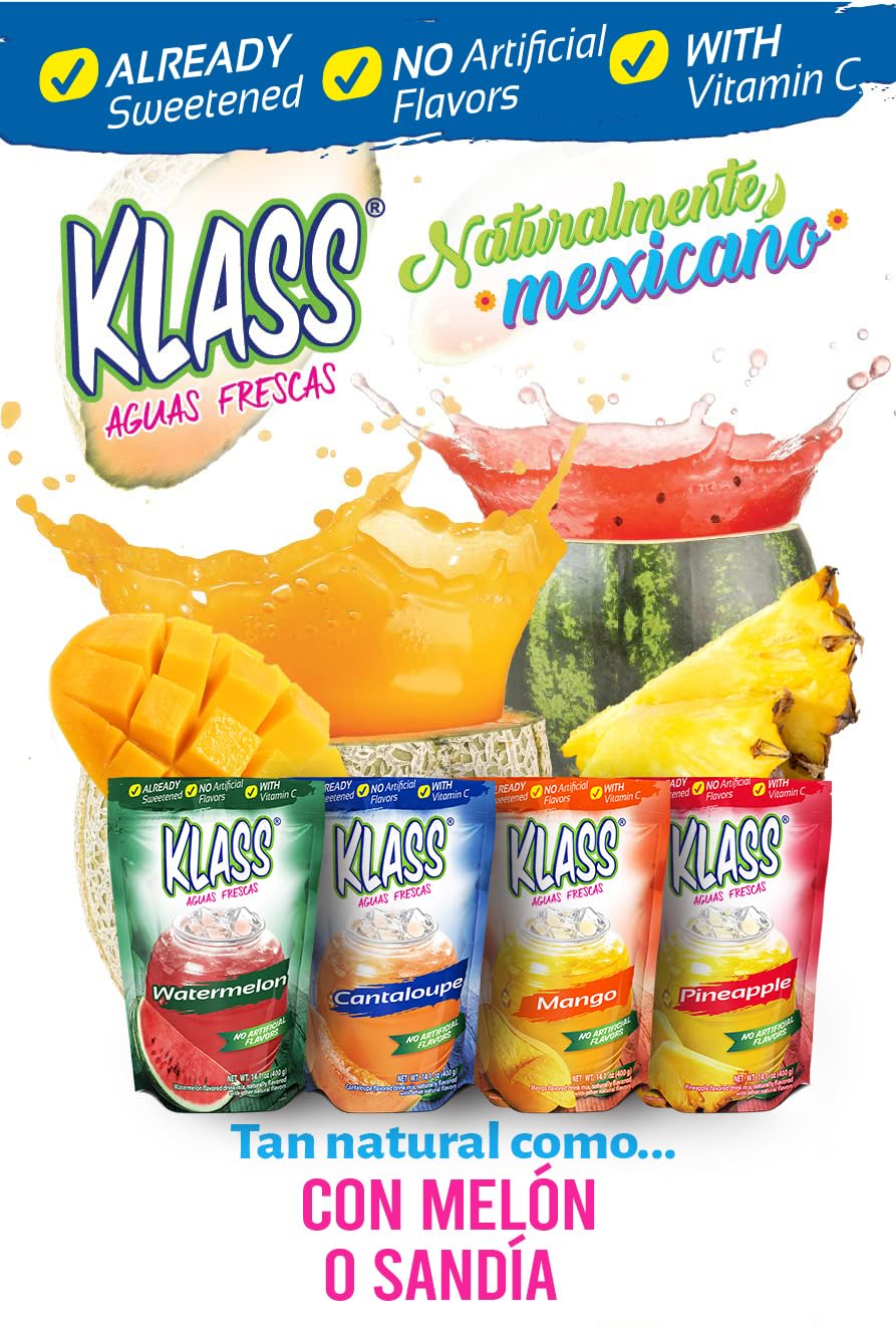 Klass Aguas Frescas | Drink Mix Tropical Variety Pack | Watermelon, Cantaloupe, Mango & Pineapple Drinks Flavors | From Natural Sources, No Artificial Flavors, With Vitamin C (Makes 7 to 9 Quarts) 14.1 Oz Family Pack (4-Pack)
