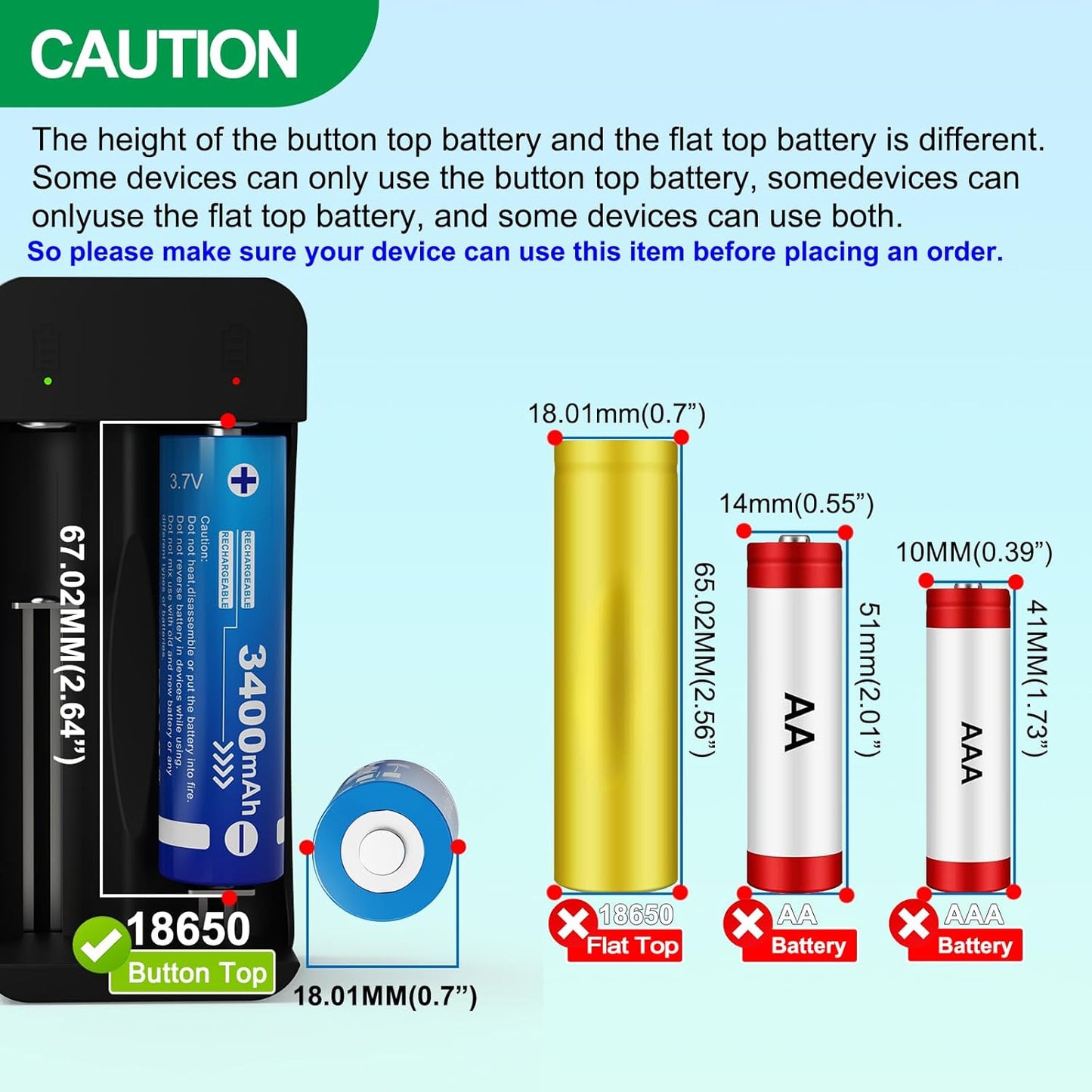 18650 Rechargeable Battery Charger Set, 3.7V Button Top Lithium ion Rechargeable Battery for Flashlight Headlamp (4Batteries+ Rechargeable Charger Set)