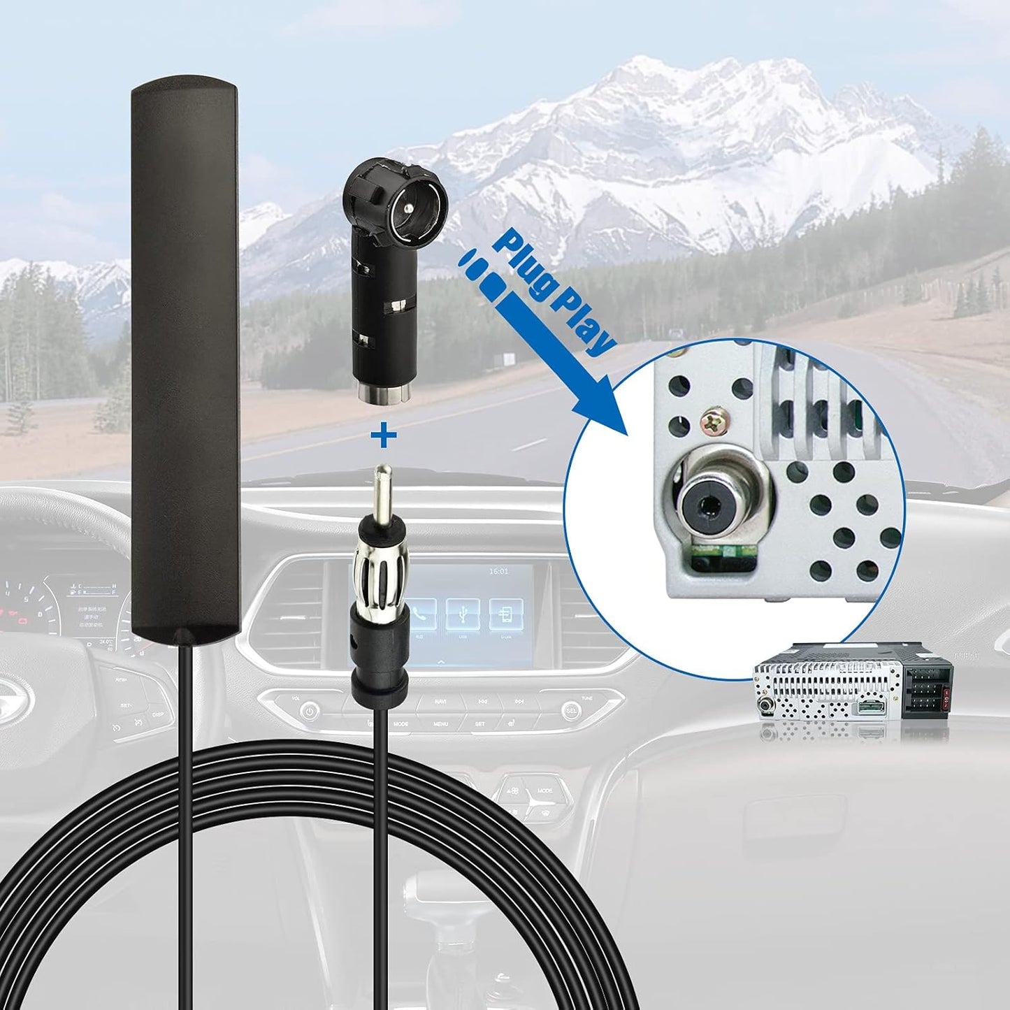 Eightwood Car Stereo FM Radio Antenna, Hidden Windshield Antenna, DIN Plug Adhesive Patch Antenna + Motorola DIN Female to ISO Adapter for Vehicle Car Truck Stereo Receiver Head Unit FM HD Radio