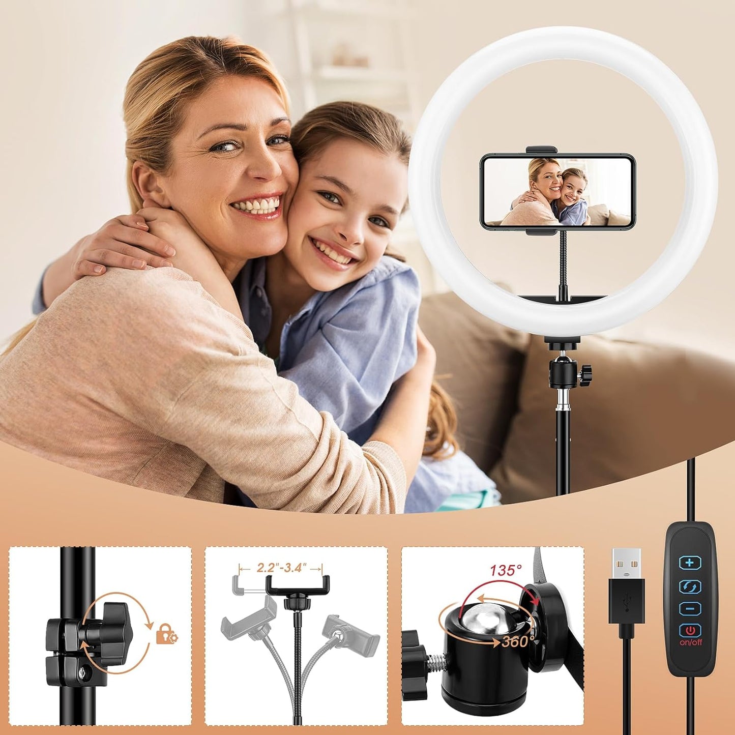 13 inch Ring Light with Floor Stand(Ringlight Kit Totally 70.6" Tall), LED Circle Light with Phone Holder, for Photo Selfie, Video Recording, Zoom Meeting