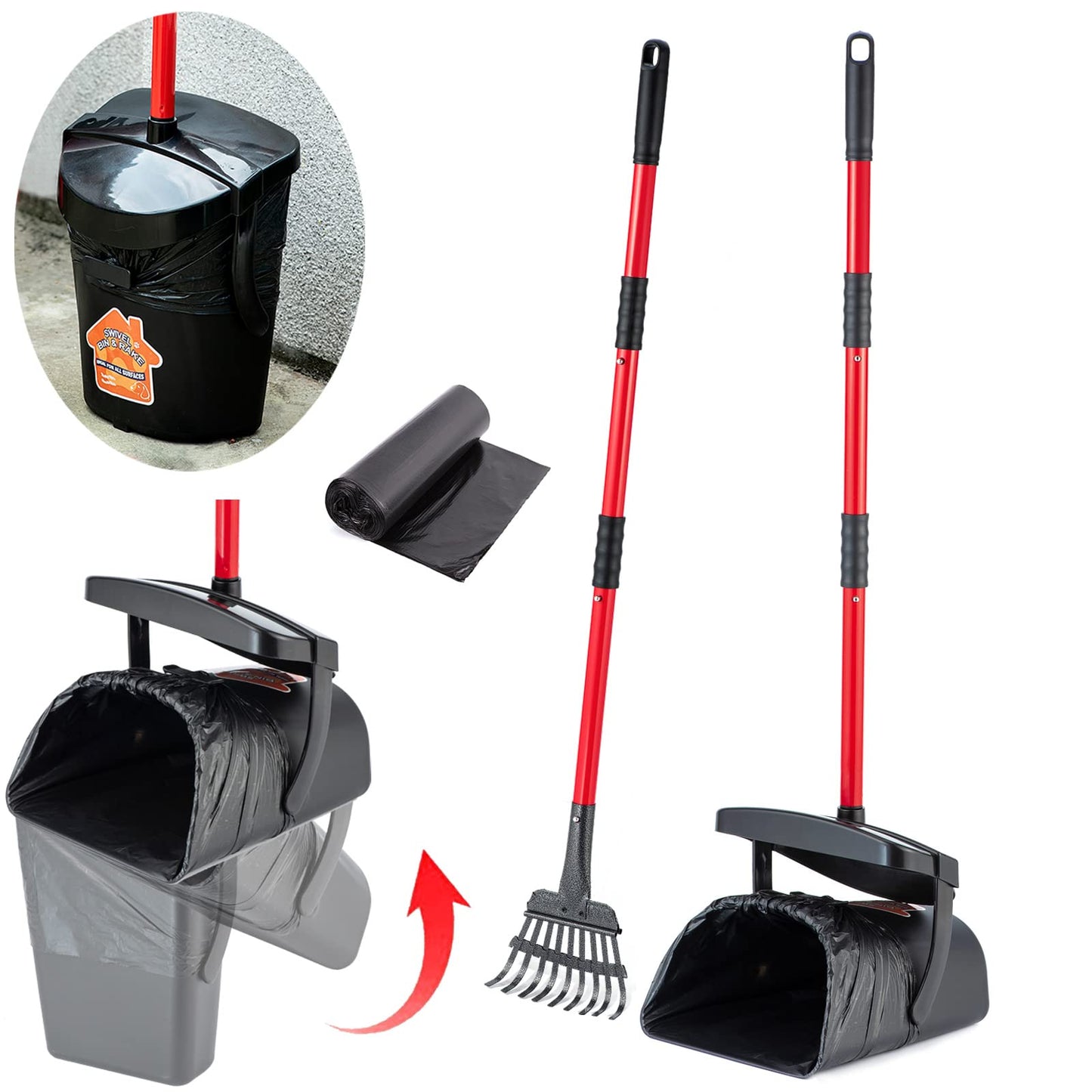 Pooper Scooper Large Swivel Bin & Rake for Large & Small Dogs Non-Breakable Dog Poop Scooper with 20 Waste Bags Easy to Clean Pet Waste Use on Grass, Dirt or Gravel - Pet Supplies