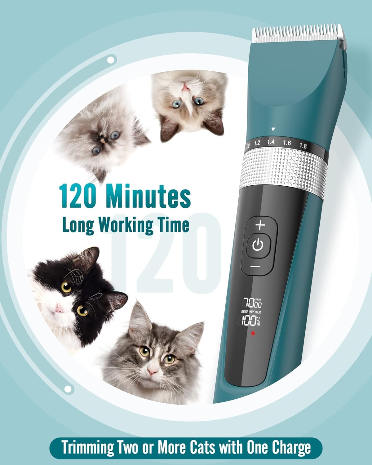 oneisall Cat Clippers for Matted Hair, 5-Speed Quiet Cat Grooming kit, Cordless Cat Shaver for Long Hair,Waterproof Cat Hair Trimmer, Pet Clippers for Cats(Green)