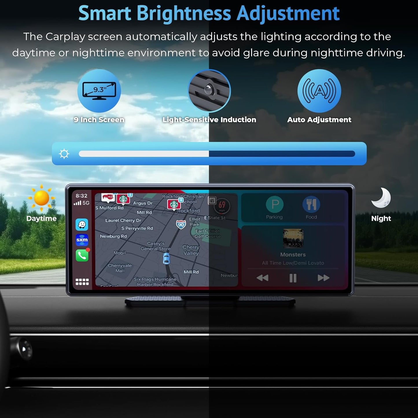 CarPlay Screen for Car Compatible with Apple Carplay & Android Auto,9.3" Portable Wireless Carplay Touchscreen with Phone Mirroring/Auto Brightness Adjust/Voice Control/Navigation/Bluetooth Car Stereo