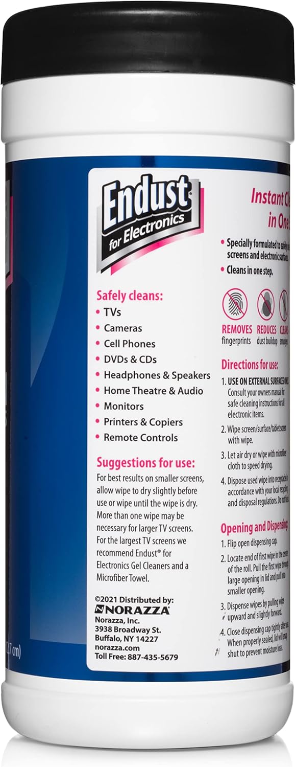Endust for Electronics; Screen & Surface Cleaning Wipes, Great LCD and Plasma Wipes, 70 Wipes (11506)