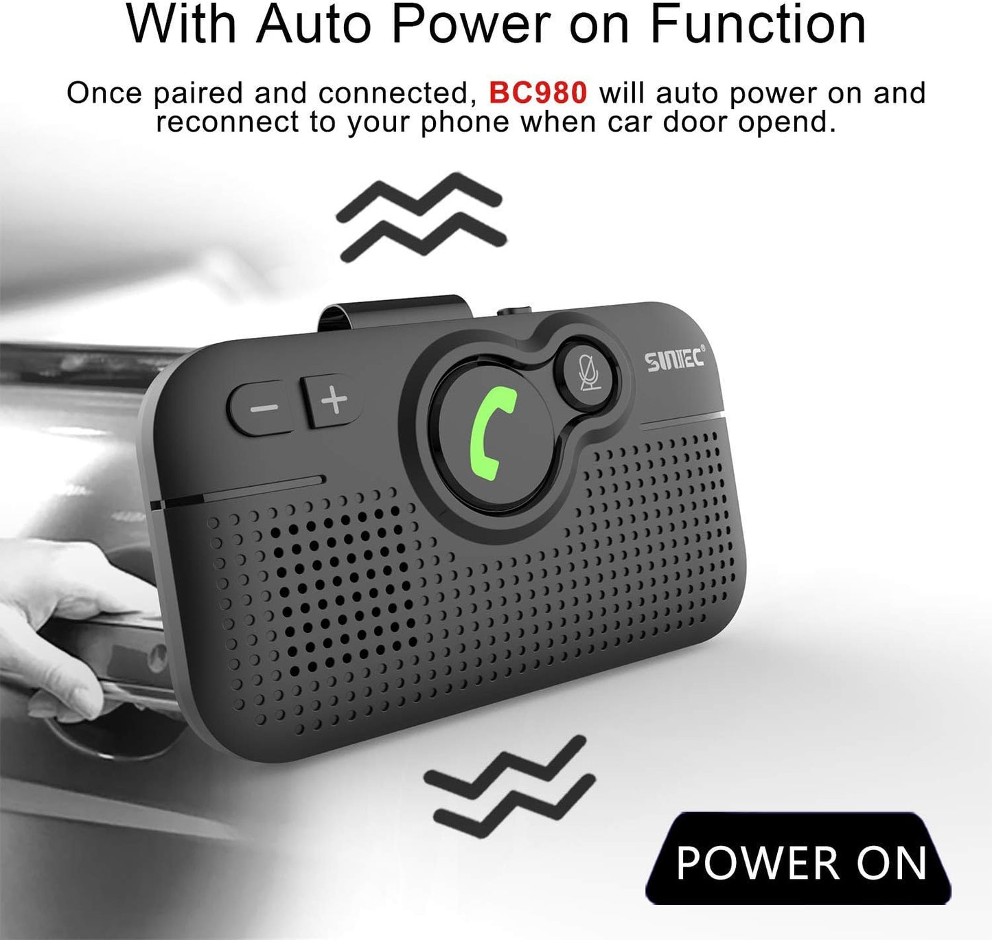 Bluetooth Car Speaker for Cell Phone, Handsfree Bluetooth Car Kit Motion AUTO ON Off Support Siri Voice Assistant Handsfree Speakerphone with Visor Clip - BC980P