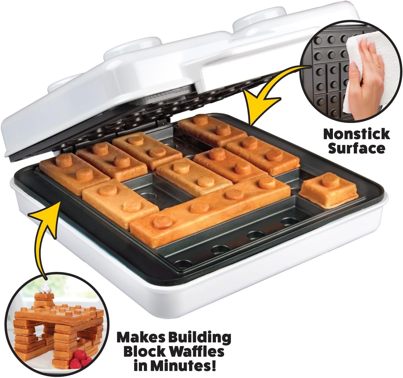 Building Brick Electric Waffle Maker- Cook Fun Buildable Waffles, Pancakes in Minutes- Build Gingerbread Houses, Cars & More Out of Stackable Waffles- Bite Sized for Kids, Nonstick Iron- Fun Xmas Gift