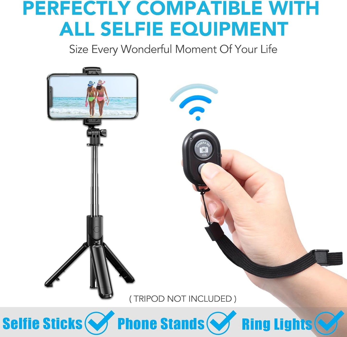 2 Pack Wireless Camera Remote Control - Wireless Remote for iPhone & Android Phones iPad iPod Tablet, Clicker for Photos & Videos, Wrist Strap Included