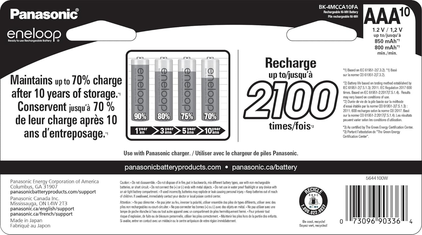 Eneloop Panasonic BK-4MCCA10FA AAA 2100 Cycle Ni-MH Pre-Charged Rechargeable Batteries, 10-Battery Pack
