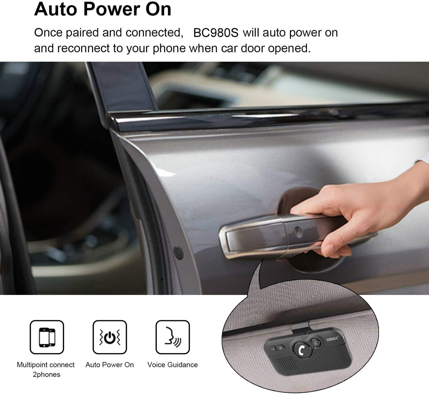 Handsfree Bluetooth Car kit for Cell Phone, Wireless Bluetooth Speaker for car, AUTO Power ON Support Siri Google Voice Assistant Hands Free Car Phone Speakerphone with Visor Clip-BC980SA