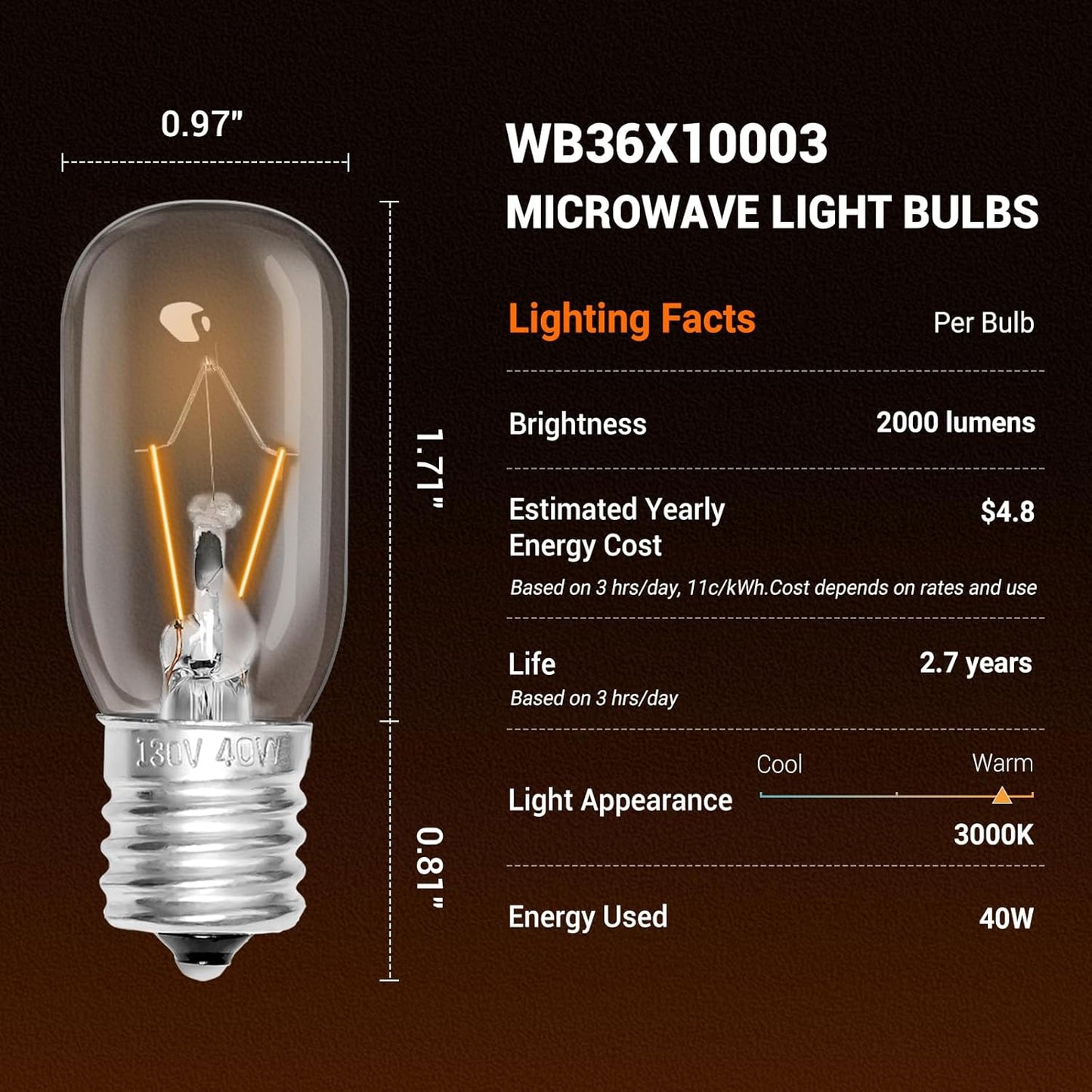 Belleone 2pcs Microwave Bulb WB36X10003-125V 40W Oven Light Bulb Compatible with GE LG Frigidaire Kenmore, Universal Type Stove Incandescent Warm White Light Lamp Replacement E17 Base Socket