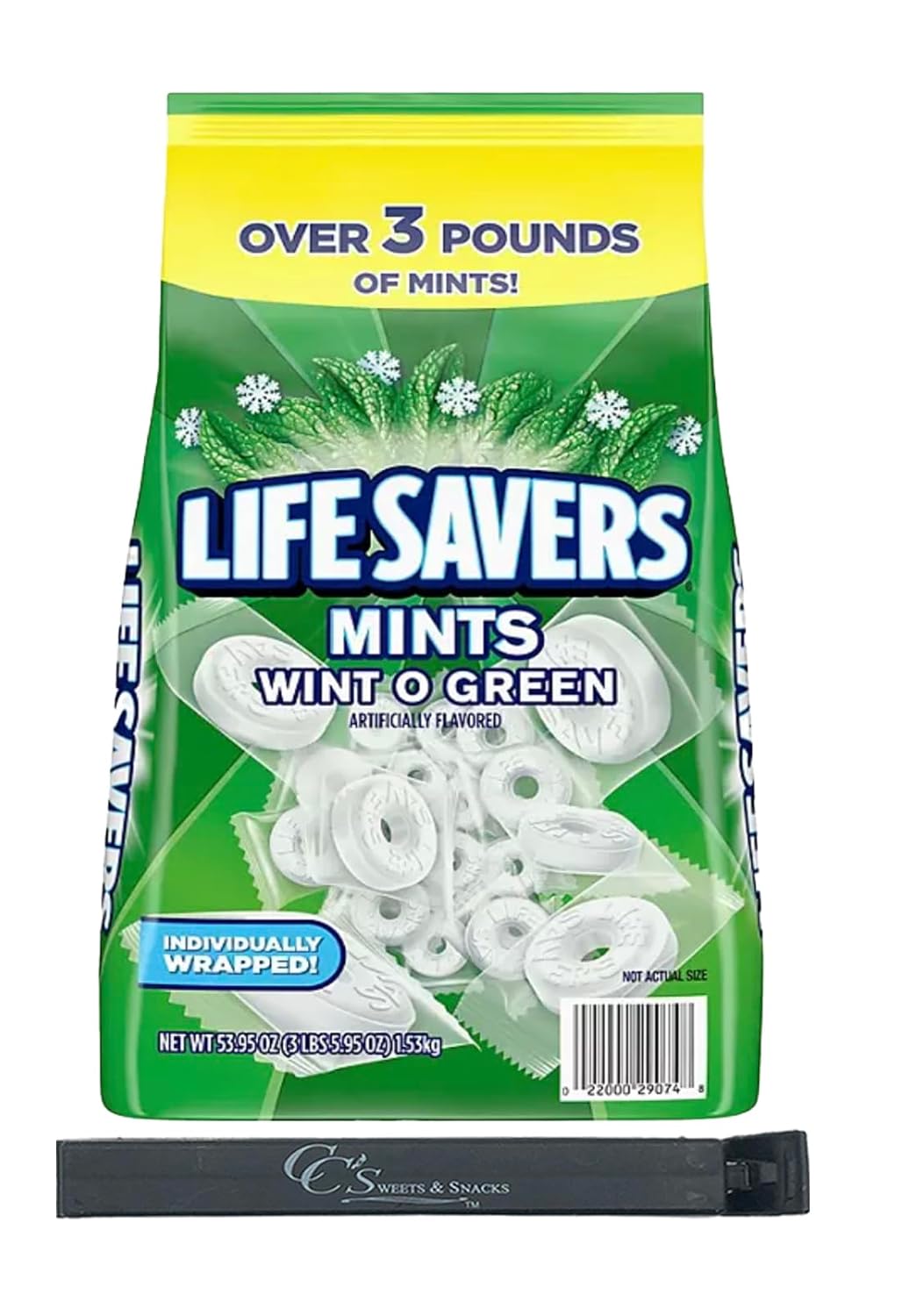 Lifesavers Wint O Green Individually Wrapped Mints - Bulk 3.5lbs w/CC's Sweets & Snacks Bag Clip