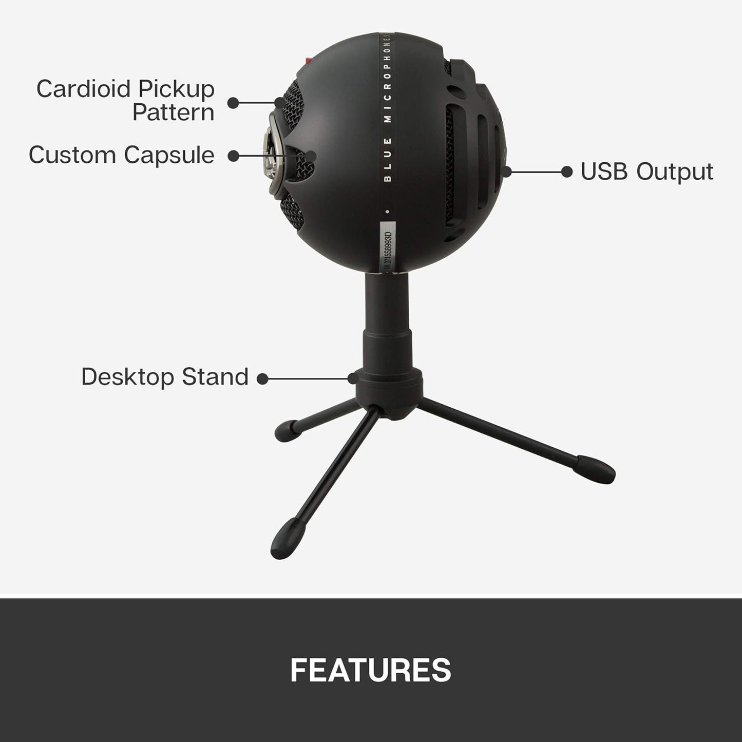 Blue Snowball iCE USB Microphone for PC, Mac, Gaming, Recording, Streaming, Podcasting, with Cardioid Condenser Mic Capsule, Adjustable Desktop Stand and USB Cable, Plug 'n Play - Black