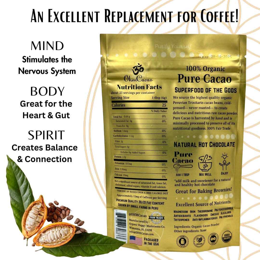 Ohm Pure Cacao Powder | Unsweetened Ceremonial Grade Cacao Powder | Natural Source of Magnesium & Iron | Organic Chocolate Baking Powder/Drink Mix (33 Servings)