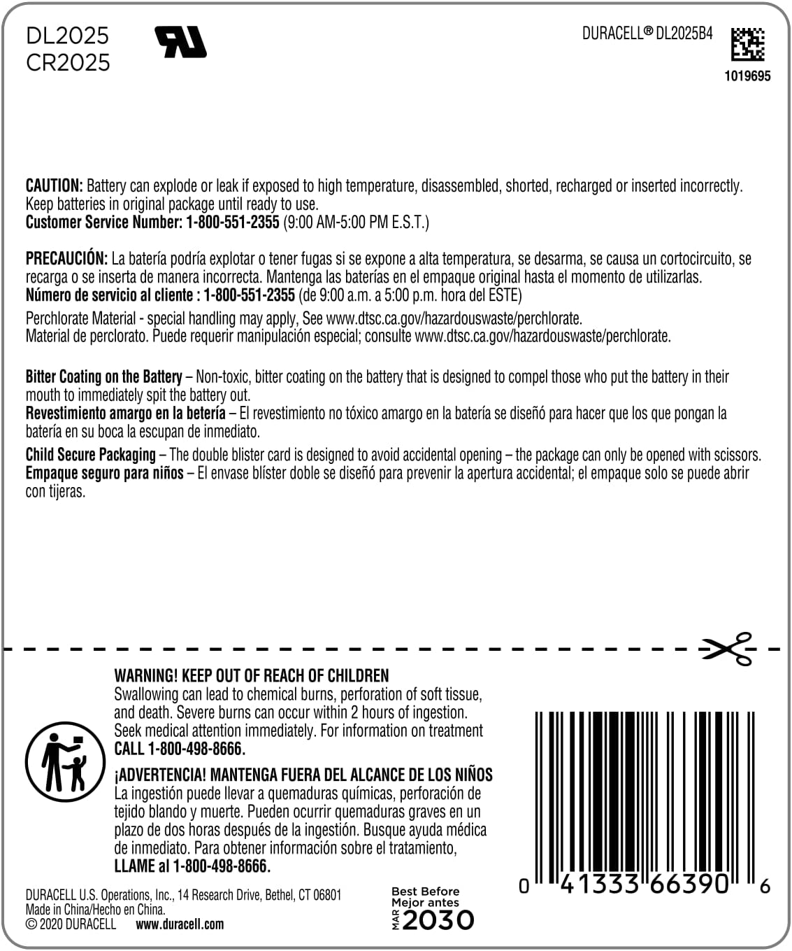 Duracell CR2025 3V Lithium Battery, Child Safety Features, 4 Count Pack, Lithium Coin Battery for Key Fob, Car Remote, Glucose Monitor, CR Lithium 3 Volt Cell