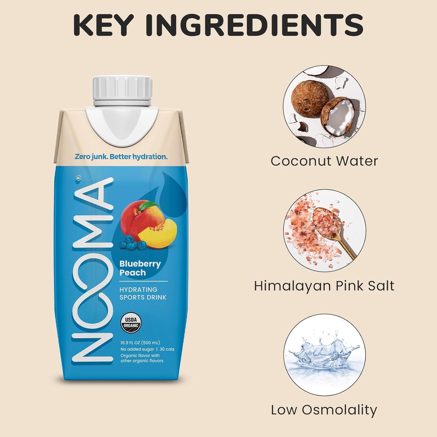 NOOMA - Hydrating Sports Drink - Electrolyte Drink with Organic Coconut Water - Organic & No Added Sugars - Rapid Hydration - 30 Calories & 505mg Electrolytes - Blueberry Peach - 12 Pack (16.9oz each)