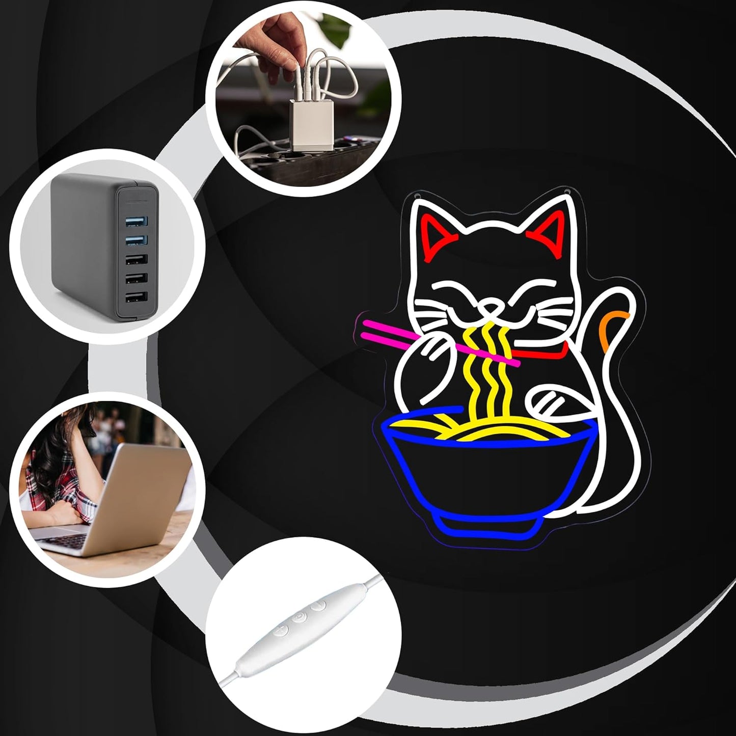 Fortune Cat Ramen Neon Sign, Dimmable Japanese Lucky Cat Noodle Ramen Led Neon Signs for Wall Decor Resturant Home Bar Kitchen Dinning Room Wall Art Decor Gifts(15.7 * 12.7in)