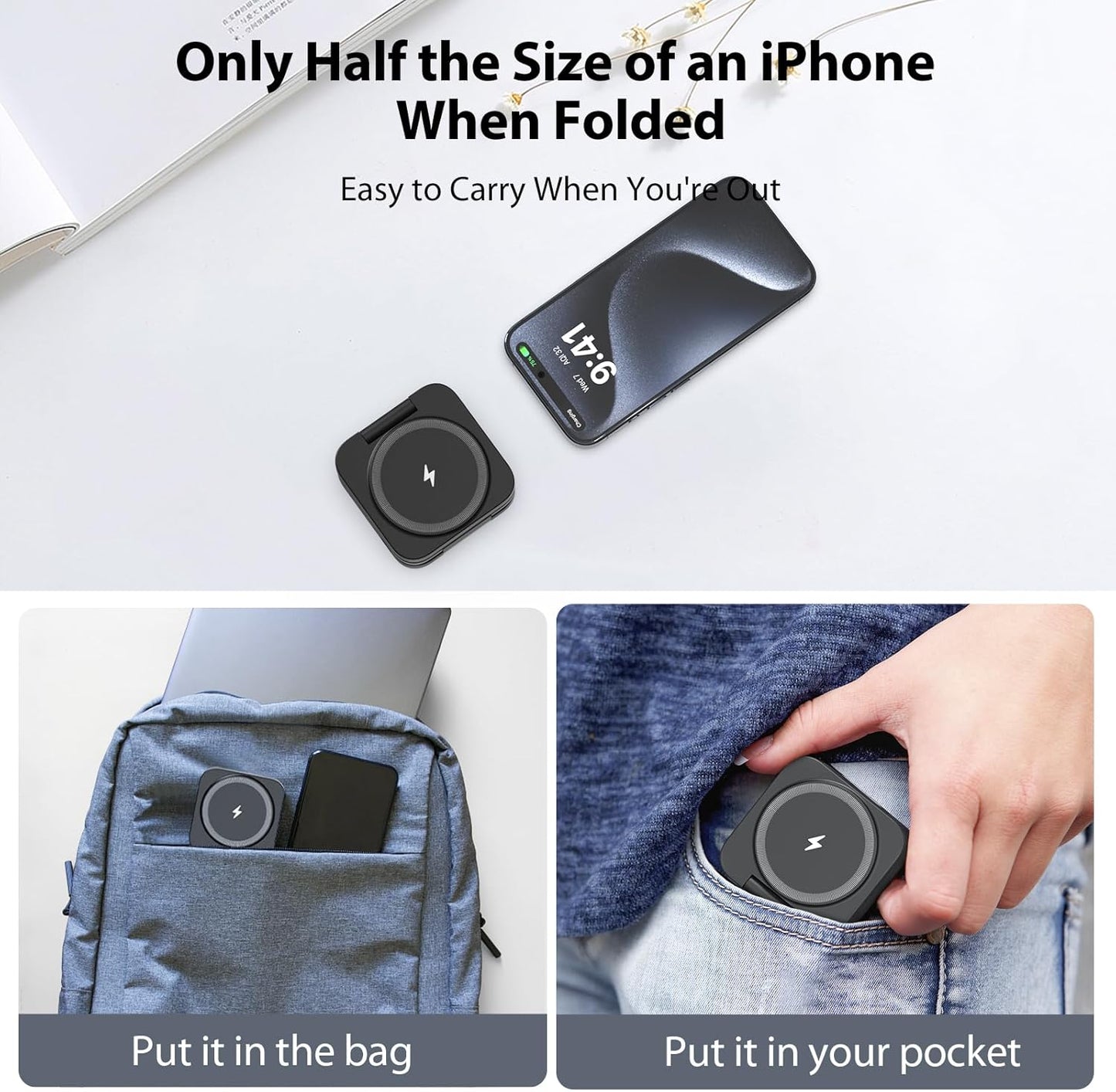 Fast Wireless Charger, Magnetic Foldable 3 in 1 Charging Station for iPhone 16/15/14/13/12/Pro/Plus/Pro Max, 5W Portable Charger for Apple Watch9/8/7/6/5/4/3/SE, for Airpods3/2/Pro-Black